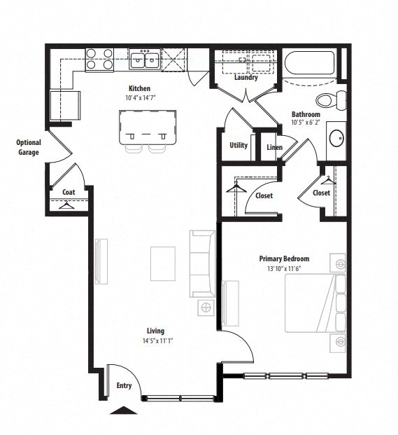 Floor plan for 1 bed, 1 bath, 760 sqft